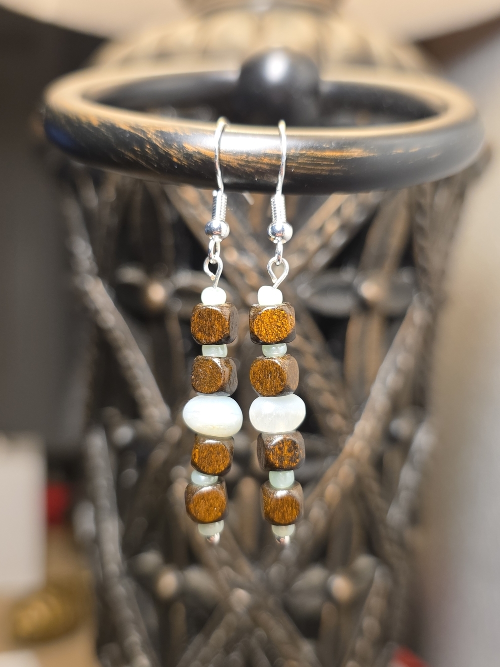 Wood, Amazonite, and Glass Beads Sterling Silver Dangle Earrings